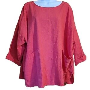 Jones New York Top Womens 1X Plus Red 3/4 Sleeve Linen Blend Pullover Blouse